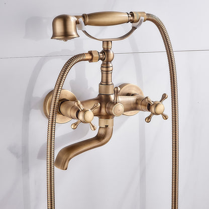 Antique Brass Wall-Mount Bathtub Faucet, Dual-Handle Tub Filler Faucet with Handshower