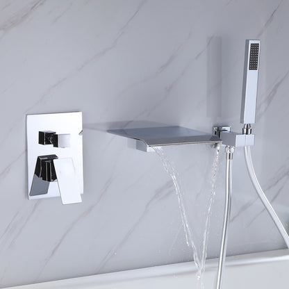 Waterfall Wall-Mount Tub Faucet, Single-Handle Tub Filler with Handheld Shower, Matte Black / Chrome