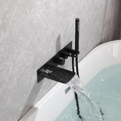 Waterfall Wall-Mount Tub Filler Faucet, Brass Bathtub Faucet with Handheld Shower, Brushed Gold / Matte Black