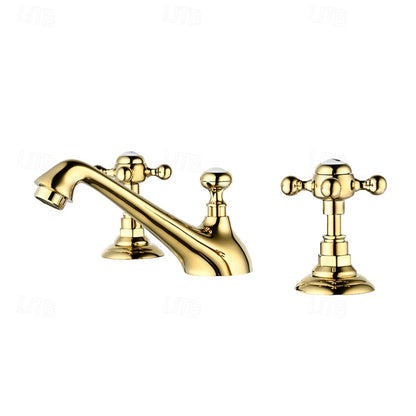Vintage 3-Hole Widespread Bathroom Faucet, Double Cross Handle Faucet, Chrome / Polished Gold