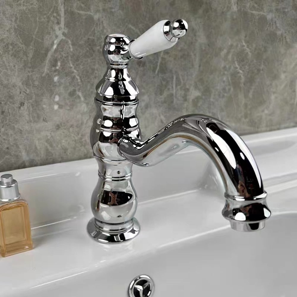Vintage Single-Hole Bathroom Sink Faucet, Single-Handle Brass Faucet, Polished Gold / Chrome