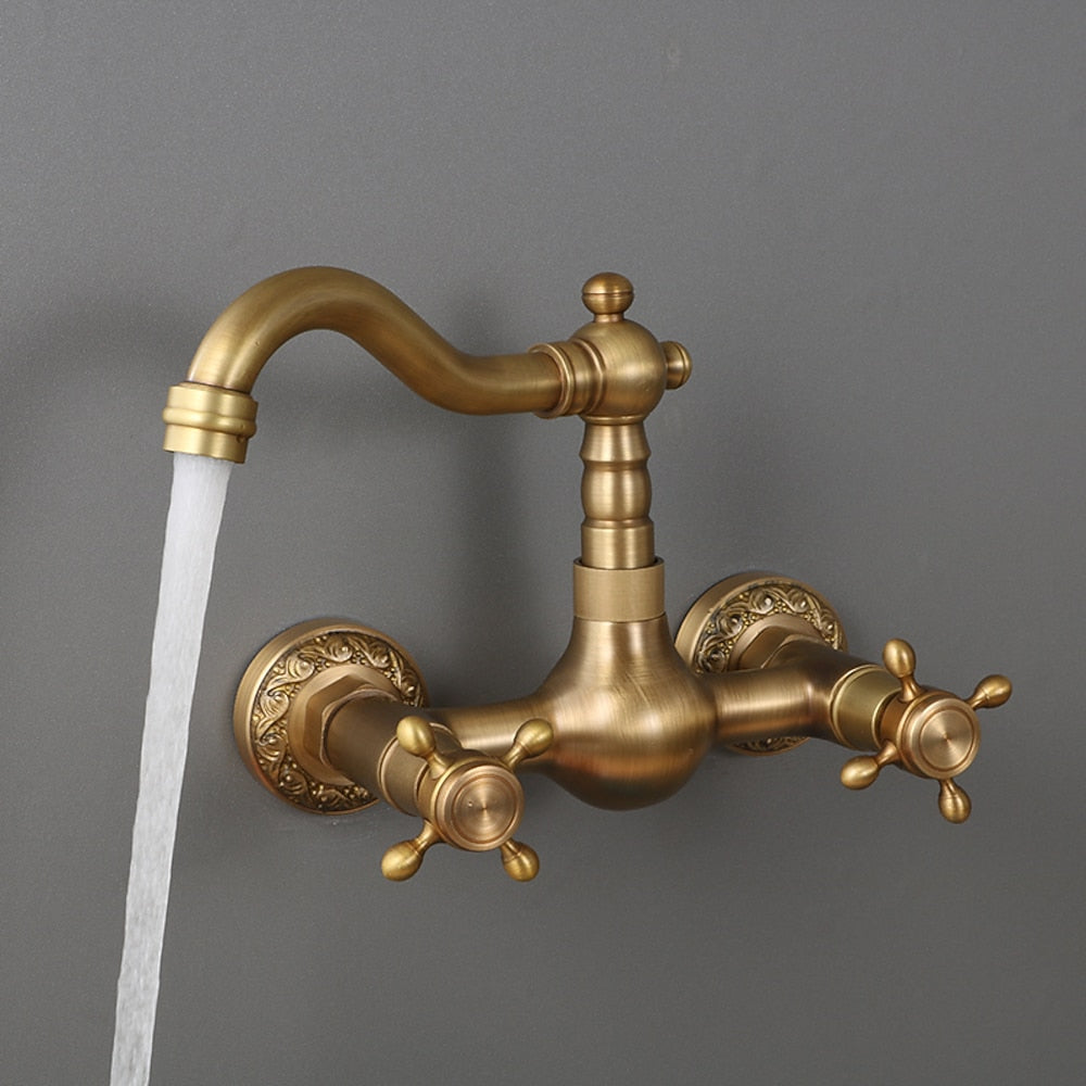 Traditional Antique Brass Wall-Mount Kitchen Faucet, Dual Cross Handle Brass Faucet with Swivel Spout