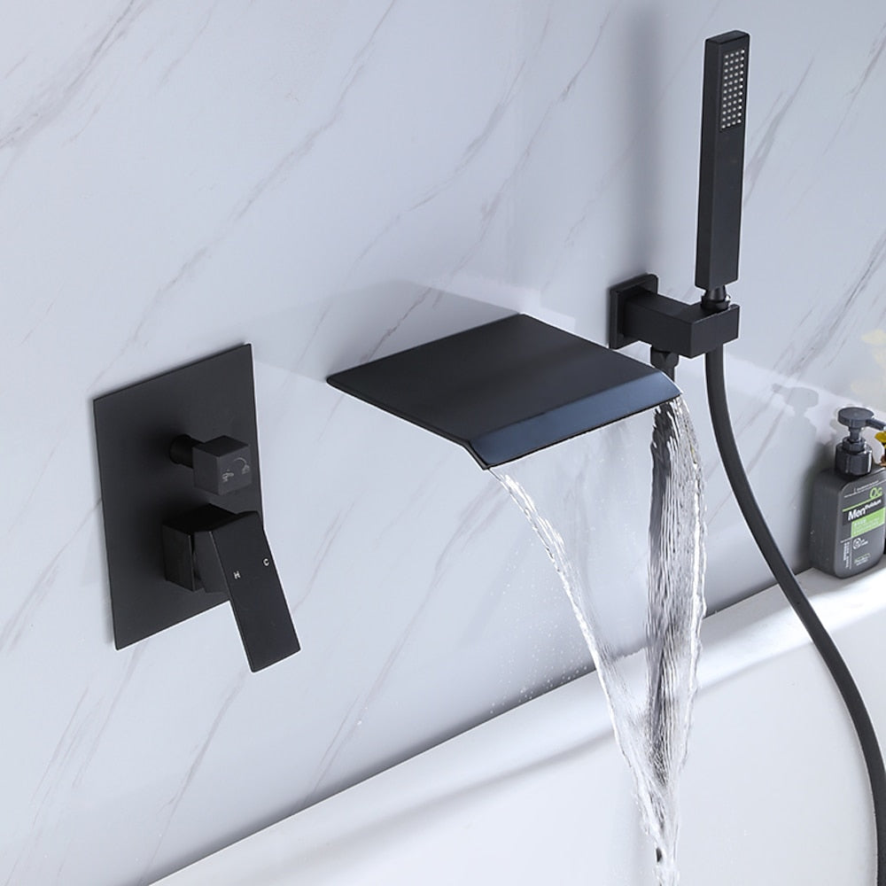 Waterfall Wall-Mount Tub Faucet, Single-Handle Tub Filler with Handheld Shower, Matte Black / Chrome