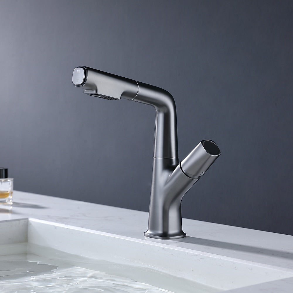 Modern Height-Adjustable Pull-Out Bathroom Faucet, Single-Hole Single-Handle Brass Faucet, Chrome / Matte Black / Matte White / Gunmetal