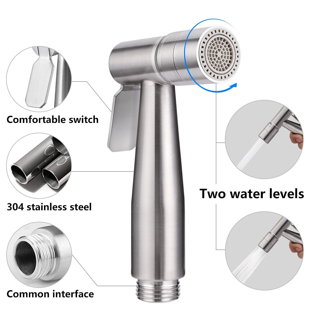 Stainless Steel Handheld Bidet Sprayer, Dual Spray Mode Shattaf Toilet Sprayer with T-Valve, Hose, Holder