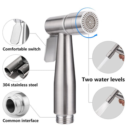 Stainless Steel Handheld Bidet Sprayer, Dual Spray Mode Shattaf Toilet Sprayer with T-Valve, Hose, Holder