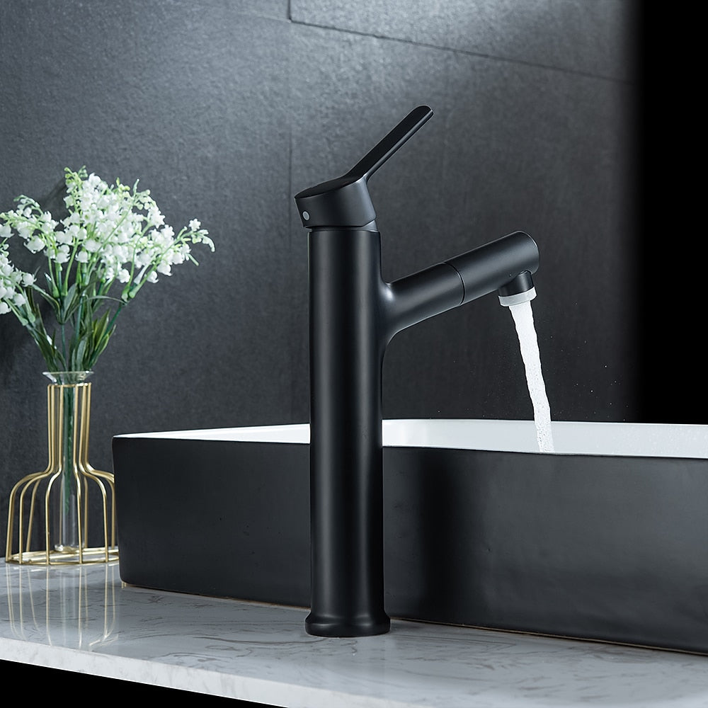 Pull-Out Single-Hole Bathroom Faucet, Modern Single-Handle Basin Faucet with 2-Mode Sprayer, Matte Black / Brushed Gold / Gunmetal