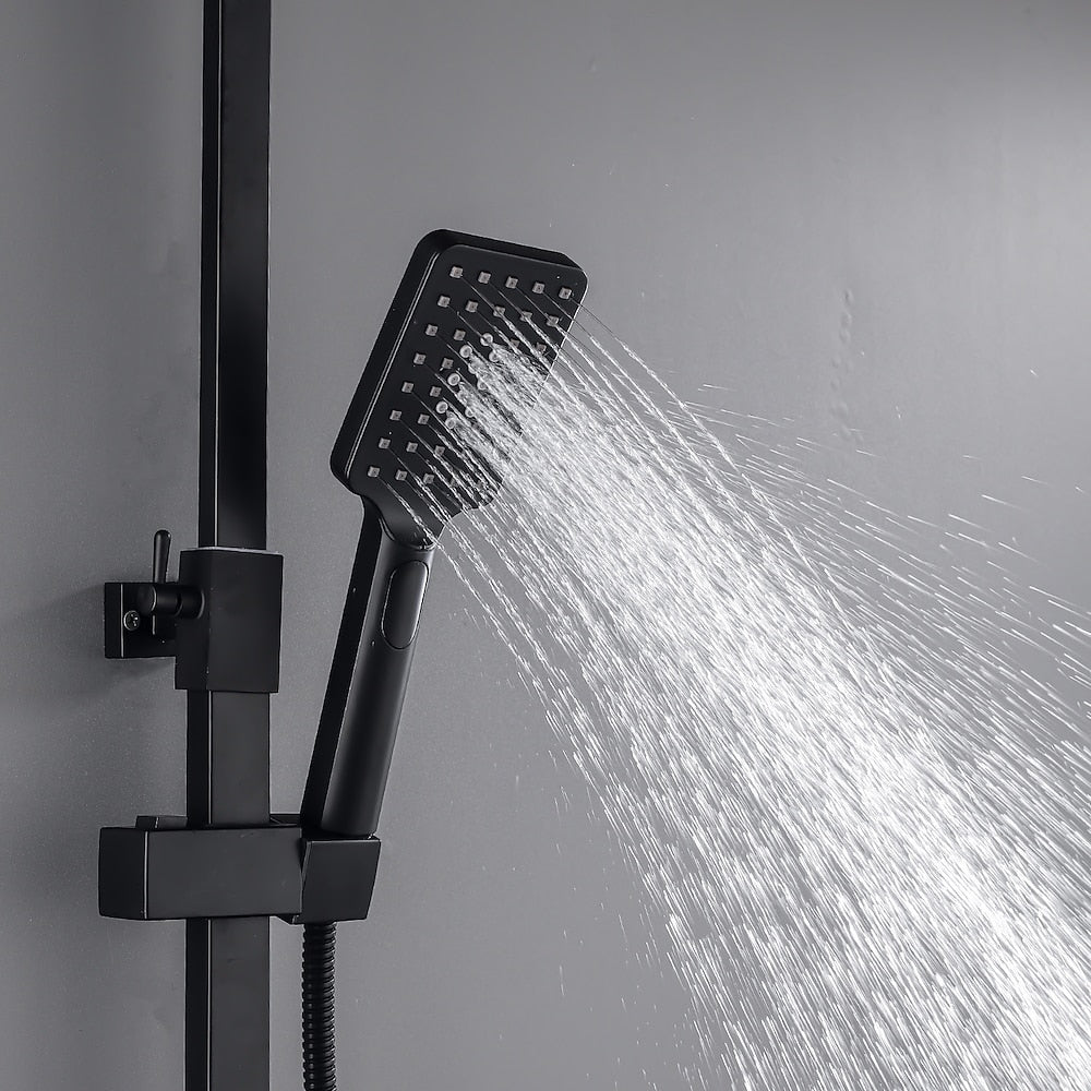 Matte Black Modern Wall-Mounted Shower System, Exposed Rainfall / Handheld Shower System with Bidet Sprayer / Storage Shelf