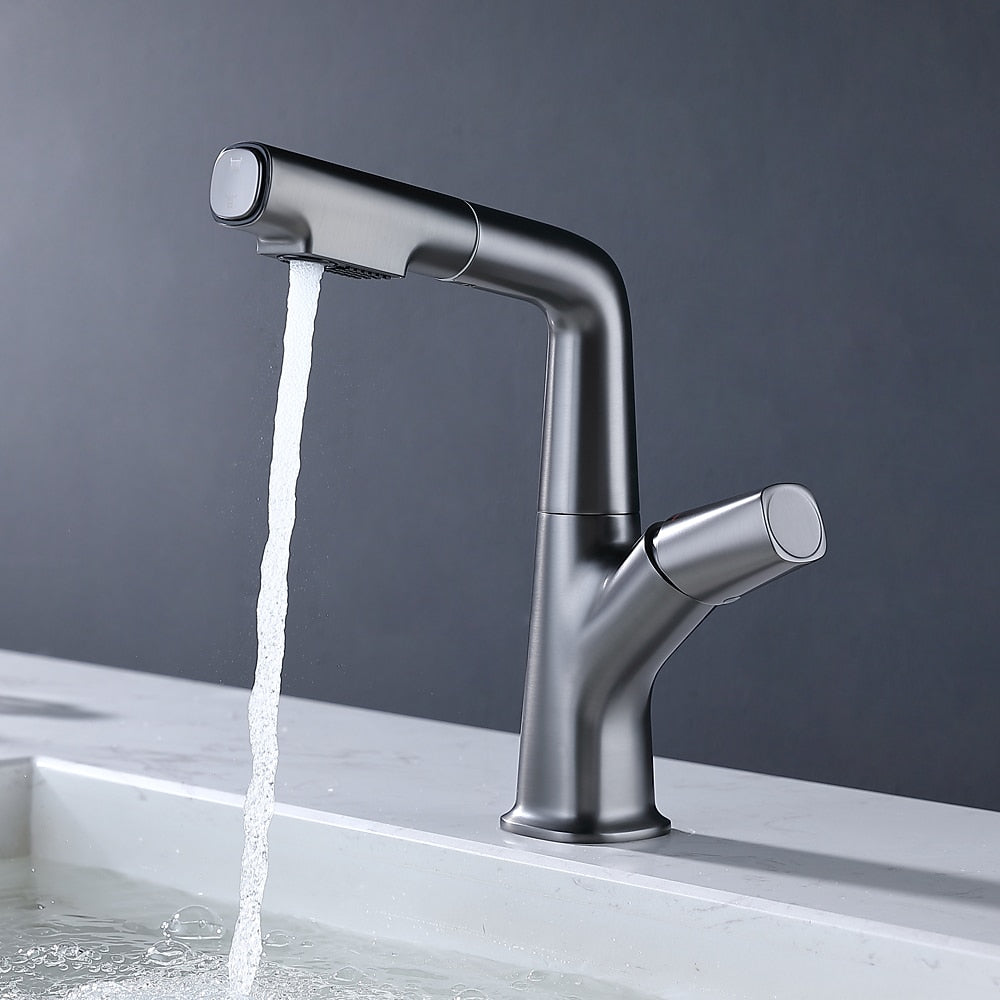 Modern Height-Adjustable Pull-Out Bathroom Faucet, Single-Hole Single-Handle Brass Faucet, Chrome / Matte Black / Matte White / Gunmetal