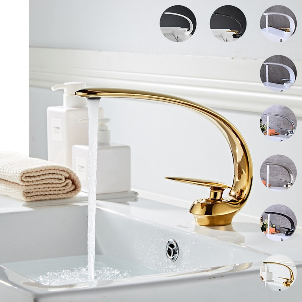 High Arc Spout Modern Single-Hole Bathroom Faucet, Single-Handle Brass Body Sink Faucet