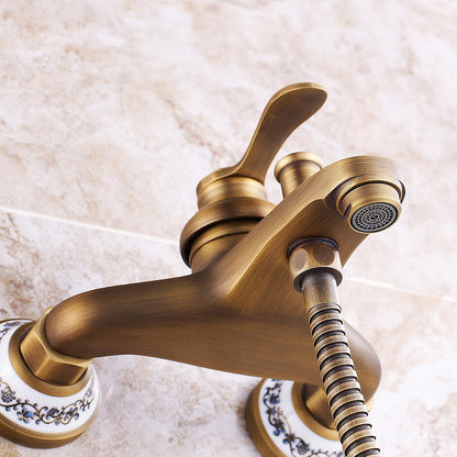 Vintage Wall-Mount Tub Faucet, Single-Handle Brass Bath Tub Faucet with Handheld Shower, Antique Brass / Matte Black / Brushed Brass / Copper