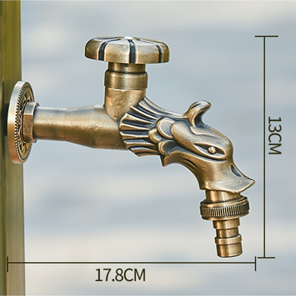 Retro Dragon Design Wall-Mount Outdoor Faucet, Single-Handle Brass Faucet, Antique Brass / Matte Black / Brushed Gold