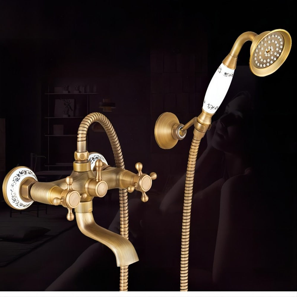 Vintage Brass Wall-Mount Tub Filler Faucet, Dual-Handle Tub Faucet with Handheld Shower, Antique Brass / Oil-Rubbed Bronze