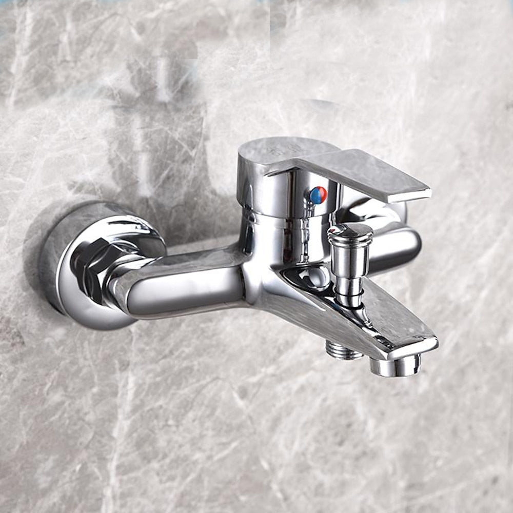 Modern Chrome Wall-Mount Tub Faucet, Single-Handle Brass Tub Filler with Handheld Shower