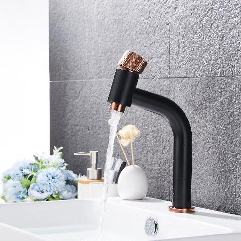 Modern Single-Hole Bathroom Faucet, Single-Handle Brass Vanity Faucet with Knurled Handle, Matte Black / Brushed Gold / Rose Gold