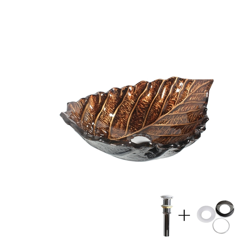 Antique Brass Single-Handle Waterfall Faucet, Leaf-Shaped Tempered Glass Vessel Sink Set with Pop-Up Drain
