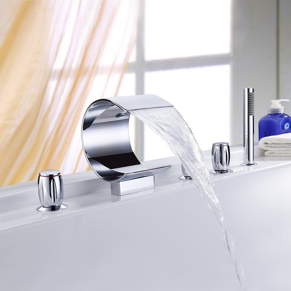 Modern Waterfall Roman Tub Faucet, 3-Handle Brass Bathtub Faucet with Handheld Shower, Matte Black / Chrome