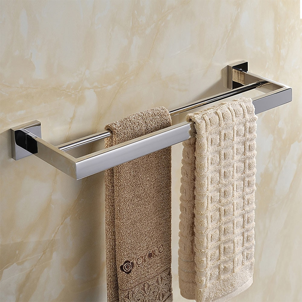 Chrome Wall-Mounted Stainless Steel Bathroom Hardware Set, 4-Piece Bathroom Accessory Kit with Double Towel Bar / Toilet Paper Holder / Robe Hook / Towel Holder