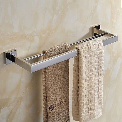 Chrome Wall-Mounted Stainless Steel Bathroom Hardware Set, 4-Piece Bathroom Accessory Kit with Double Towel Bar / Toilet Paper Holder / Robe Hook / Towel Holder