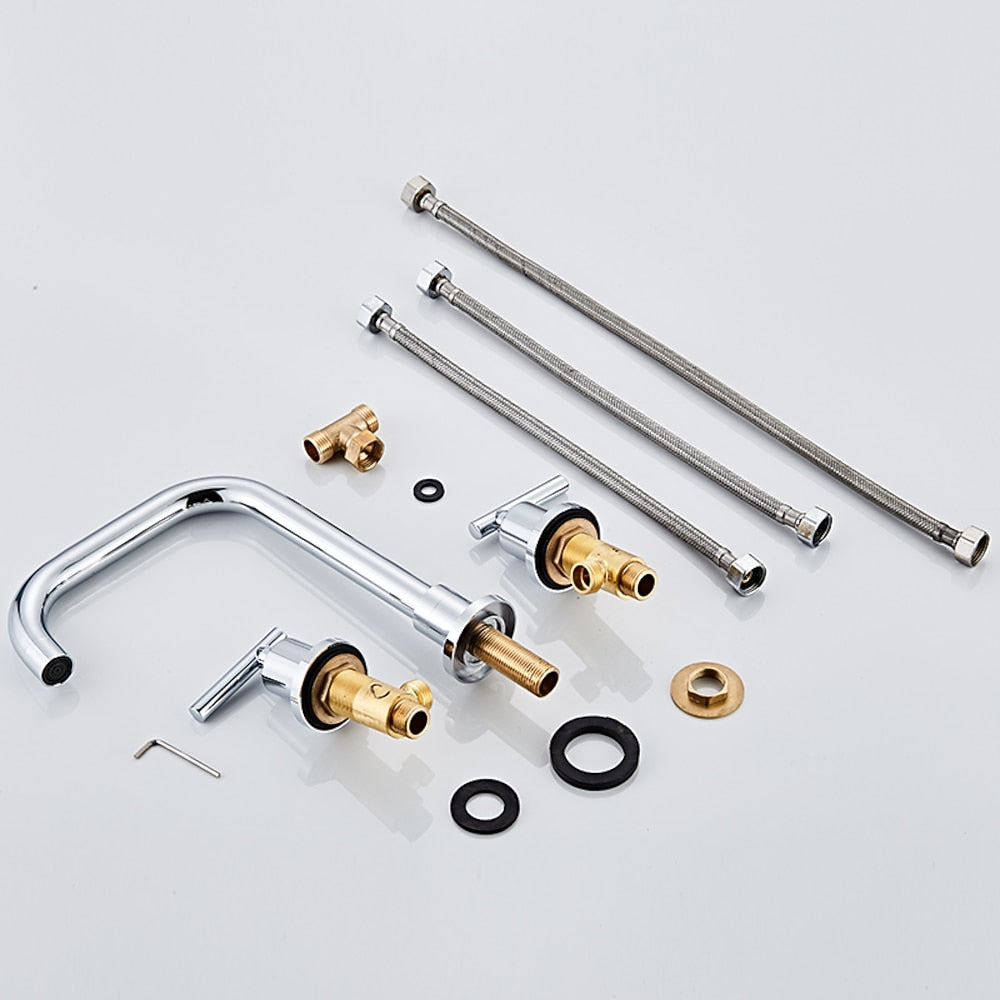 360-Degree Swivel Widespread Bathroom Faucet, Double Lever Handle Brass Basin Faucet, Polished Gold / Chrome