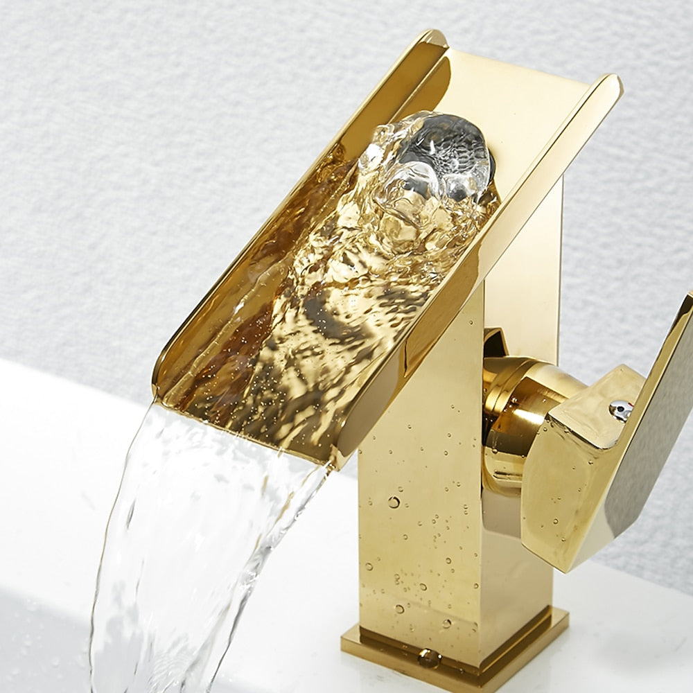 Brushed Gold Waterfall Bathroom Sink Faucet, Modern Single-Hole Single-Handle Faucet