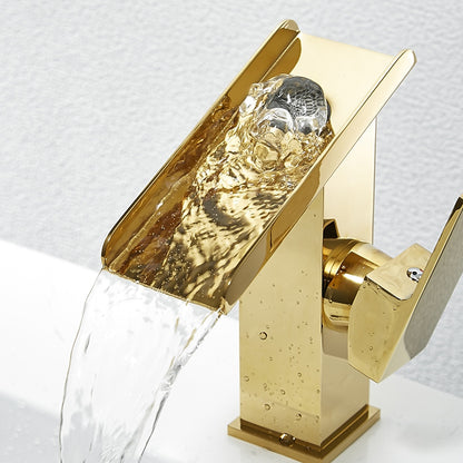 Brushed Gold Waterfall Bathroom Sink Faucet, Modern Single-Hole Single-Handle Faucet