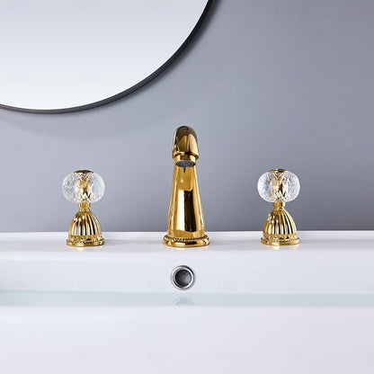 Crystal Knob Handles Widespread Bathroom Faucet, Modern Polished Gold Dual-Handle Sink Faucet