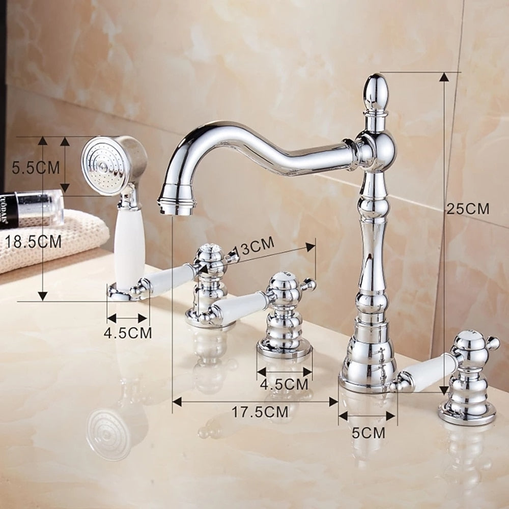 Traditional Chrome Roman Tub Faucet, 3-Handle Deck Mounted Tub Filler with Handheld Shower