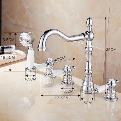 Traditional Chrome Roman Tub Faucet, 3-Handle Deck Mounted Tub Filler with Handheld Shower