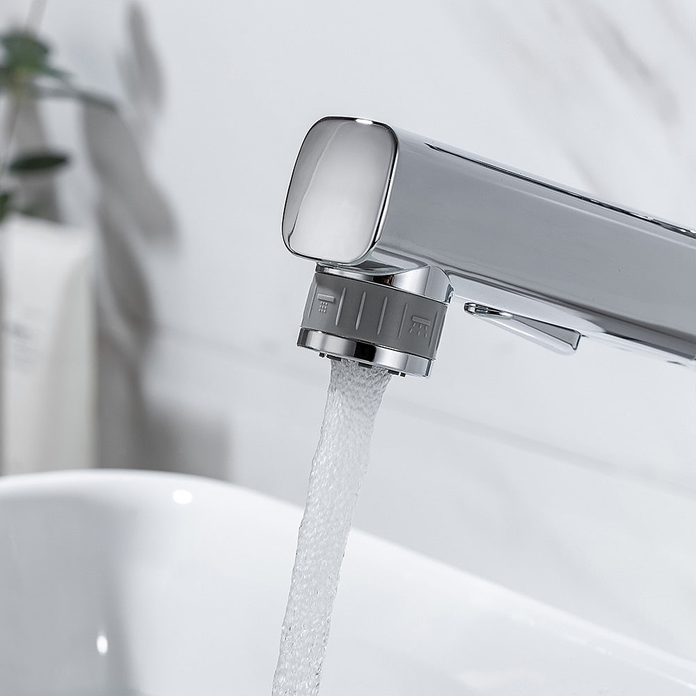 Pull-Out Single-Hole Brass Bathroom Faucet, Upward Fountain Spout Faucet, Chrome / Matte Black / Brushed Gold / Gunmetal