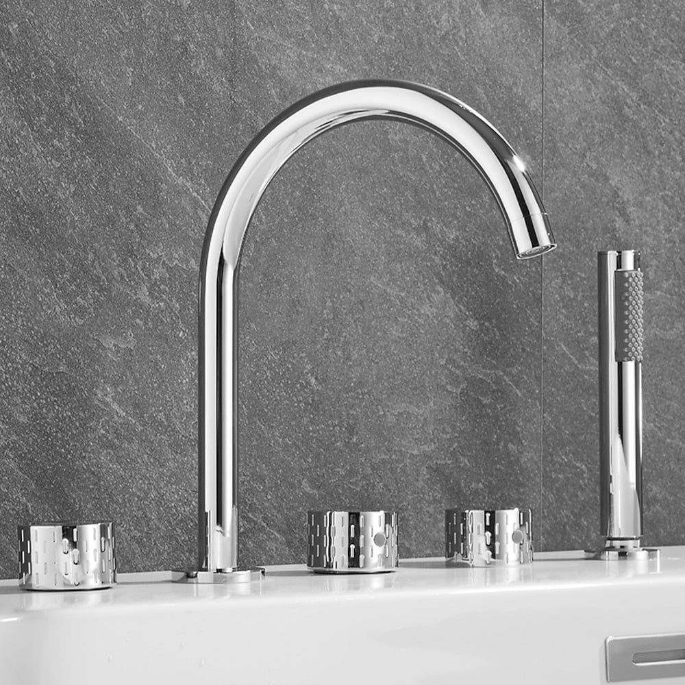 Contemporary 3-Handle Roman Tub Faucet, 5-Hole Brass Tub Filler with Handheld Shower