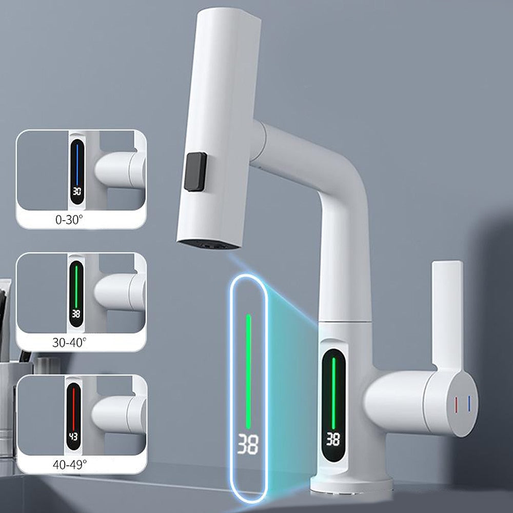 LED Digital Display Waterfall Bathroom Faucet, Single-Handle Pull-Out Faucet, Chrome / Gunmetal / Matte Black / Matte White