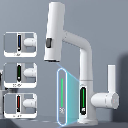 LED Digital Display Waterfall Bathroom Faucet, Single-Handle Pull-Out Faucet, Chrome / Gunmetal / Matte Black / Matte White