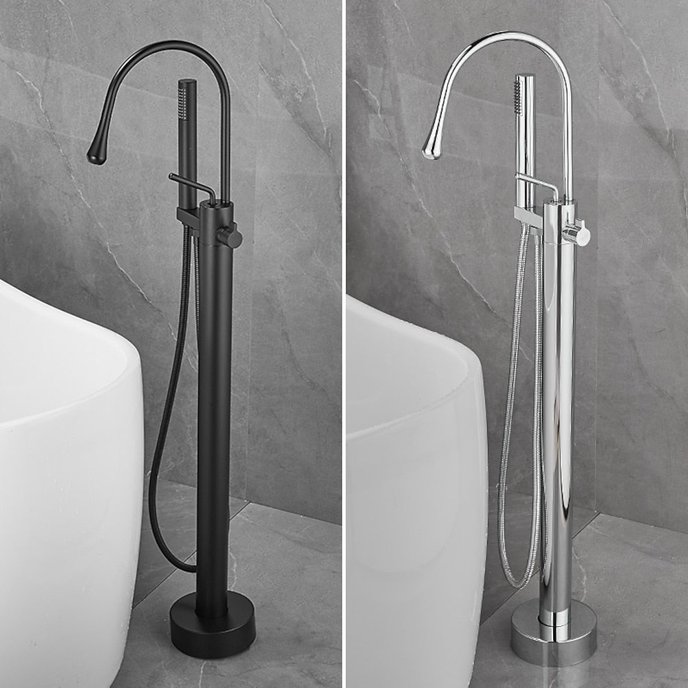 Modern High Arc Freestanding Tub Filler Faucet, Single-Handle Brass Bath Faucet with Handheld Shower, Chrome / Matte Black