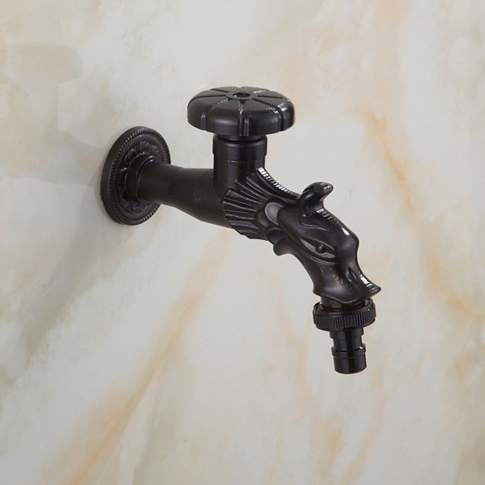 Retro Dragon Design Wall-Mount Outdoor Faucet, Single-Handle Brass Faucet, Antique Brass / Matte Black / Brushed Gold