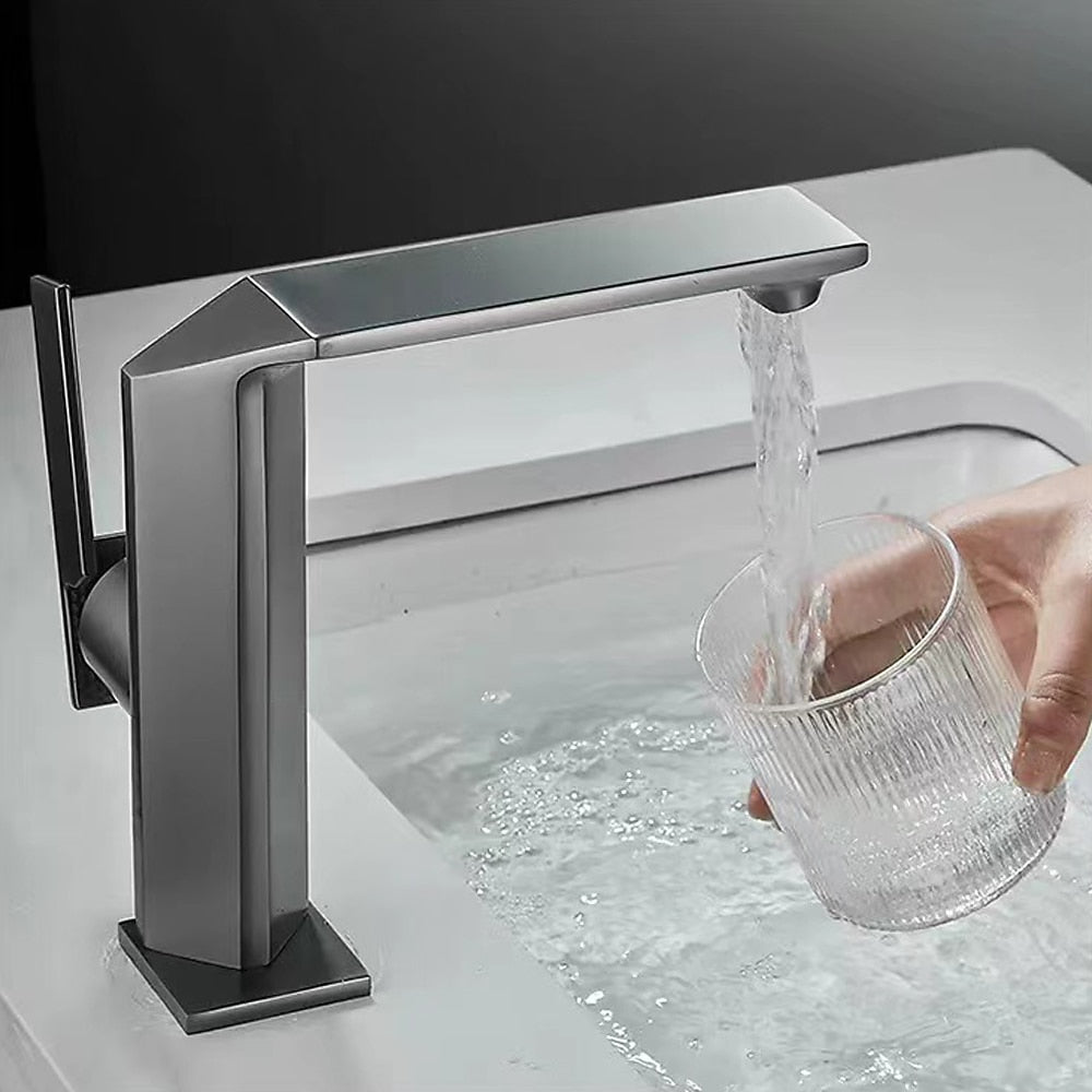 Modern Waterfall Bathroom Faucet, Single-Handle Brass Faucet, Matte Black / Chrome / Brushed Gold / Gunmetal