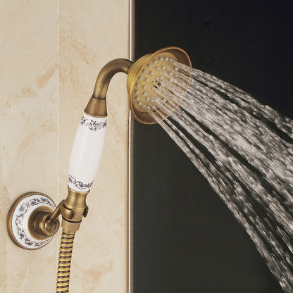 Antique Brass Wall-Mount Shower Faucet Set, Vintage Double-Handle Brass Shower Faucet with Handheld Shower