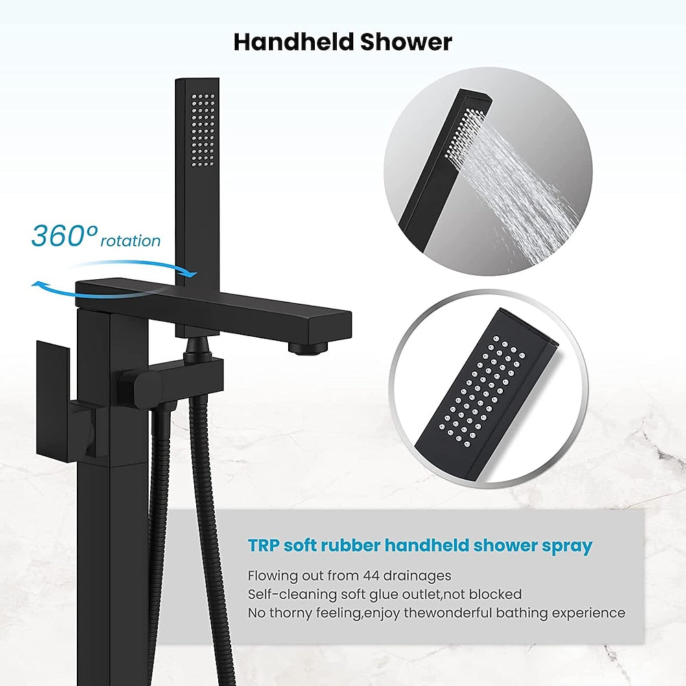 360-Degree Swivel Spout Freestanding Tub Filler Faucet, Single-Handle Floor-Mount Tub Faucet with Hand Shower, Chrome / Matte Black