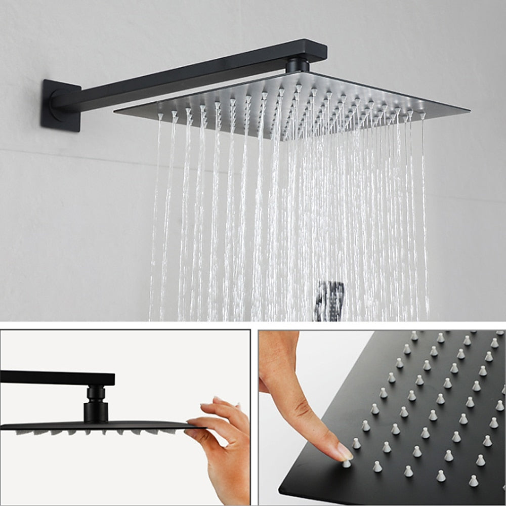 Matte Black Rainfall Shower System, Single-Handle Wall-Mount Faucet Set with Handheld Shower