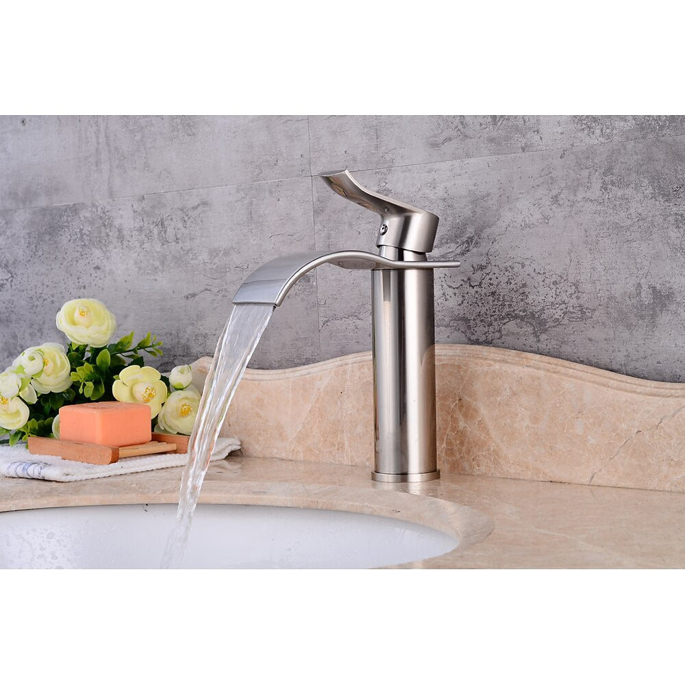 Waterfall Brushed Nickel Bathroom Faucet, Single-Hole Single-Handle Brass Faucet