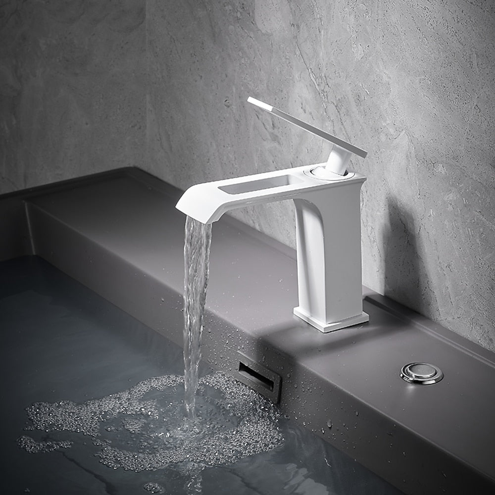 Modern Waterfall Bathroom Faucet, Single-Handle Brass Faucet, Brushed Gold / Chrome / Gunmetal / Matte Black / Matte White