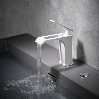 Modern Waterfall Bathroom Faucet, Single-Handle Brass Faucet, Brushed Gold / Chrome / Gunmetal / Matte Black / Matte White