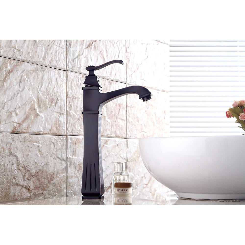 Oil-Rubbed Bronze Modern Tall Vessel Faucet, Single-Hole Bathroom Faucet with Pop-Up Drain