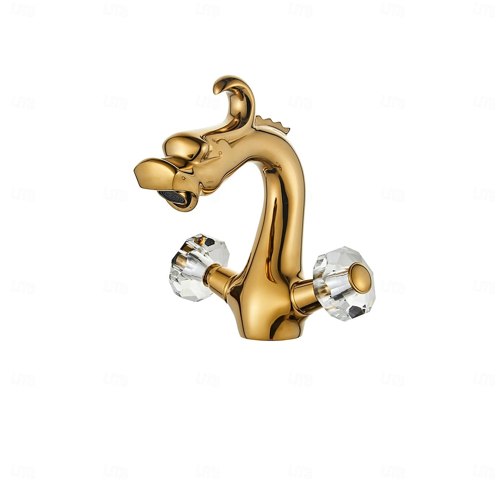 Polished Gold Dragon Bathroom Faucet, Single-Hole Dual-Handle Tap with Crystal Knob Handles