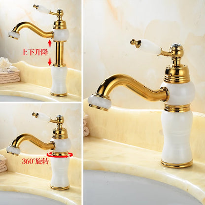 Retro Vintage Height-Adjustable Swivel Spout Bathroom Faucet, Single-Handle Single-Hole Brass Faucet, Gold / White / Black