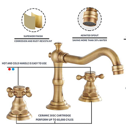 Traditional Brass Widespread Bathroom Faucet, Dual Cross Handle Vanity Faucet, Antique Brass / Brushed Nickel / Chrome / Oil-Rubbed Bronze / Matte Black