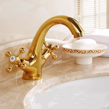 Polished Gold Single-Hole Bathroom Faucet, Traditional Dual-Handle Cross Faucet with High Arc Spout