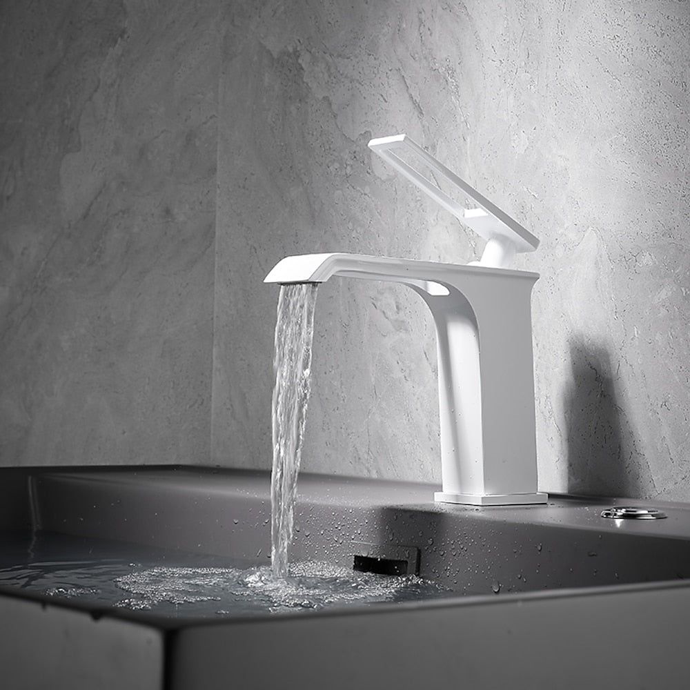 Modern Waterfall Bathroom Faucet, Single-Handle Brass Faucet, Brushed Gold / Chrome / Gunmetal / Matte Black / Matte White