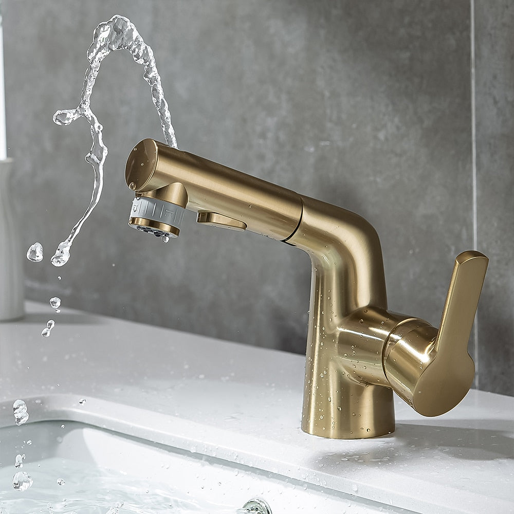 Modern Pull-Out Bathroom Sink Faucet, Single-Handle Swivel Spout Faucet, Brushed Gold / Chrome / Matte Black / Gunmetal