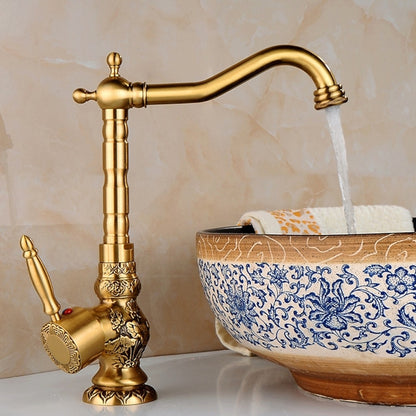 Antique Brass Vintage Floral Carved Bathroom Faucet with Pop-Up Drain, Single-Handle Swivel Spout Faucet